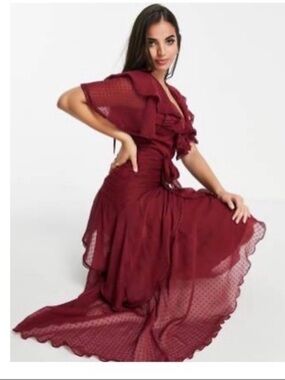 ASOS Design Elegant Burgundy Ruffle Wrap Dress - Women